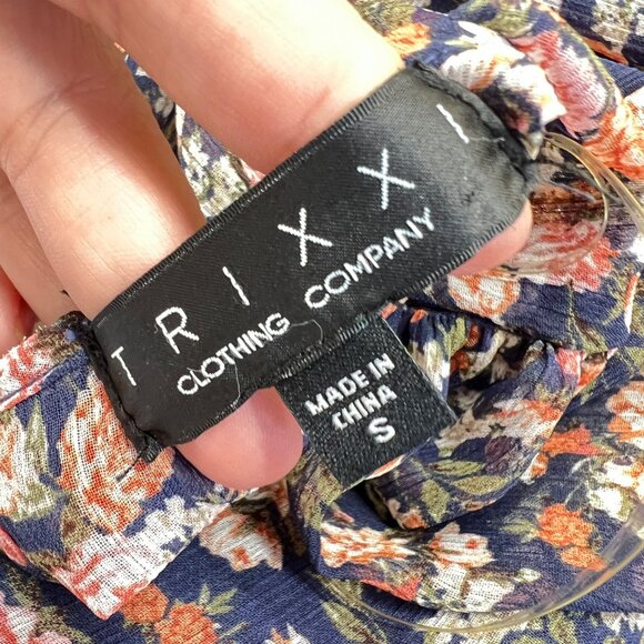 Trixxi Floral Sheer Long Sleeve V-Neck Mini Dress Navy Blue Orange Size Small - Picture 9 of 12